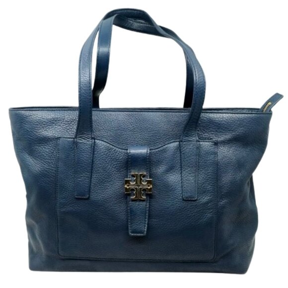 TORY BURCH~Meyer Plaque~BLUE PEBBLED LEATHER LARGE SHOULDER TOTE BAG - Picture 1 of 6